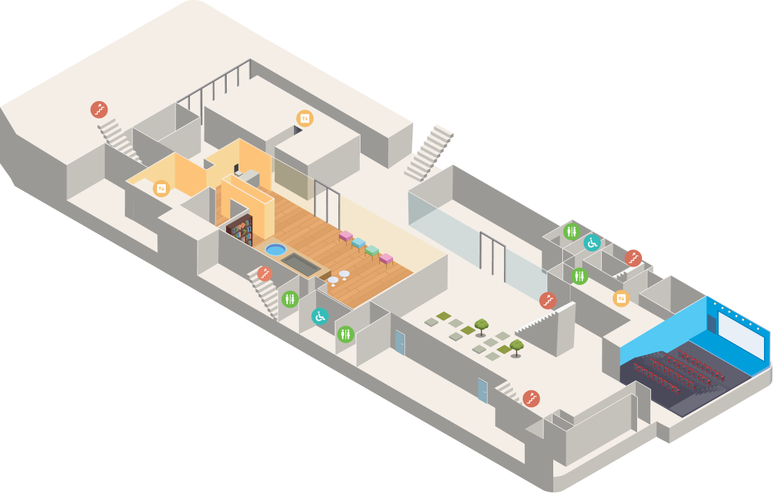 1.도서관·어린이자료실, 2.공연장이 포함된 실내 시설 조감도
