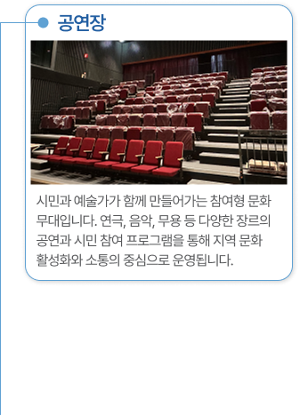 공연장 시민과 예술가가 함께 만들어가는 참여형 문화 무대입니다. 연극, 음악, 무용 등 다양한 장르의 공연과 시민 참여 프로그램을 통해 지역 문화 활성화와 소통의 중심으로 운영됩니다.